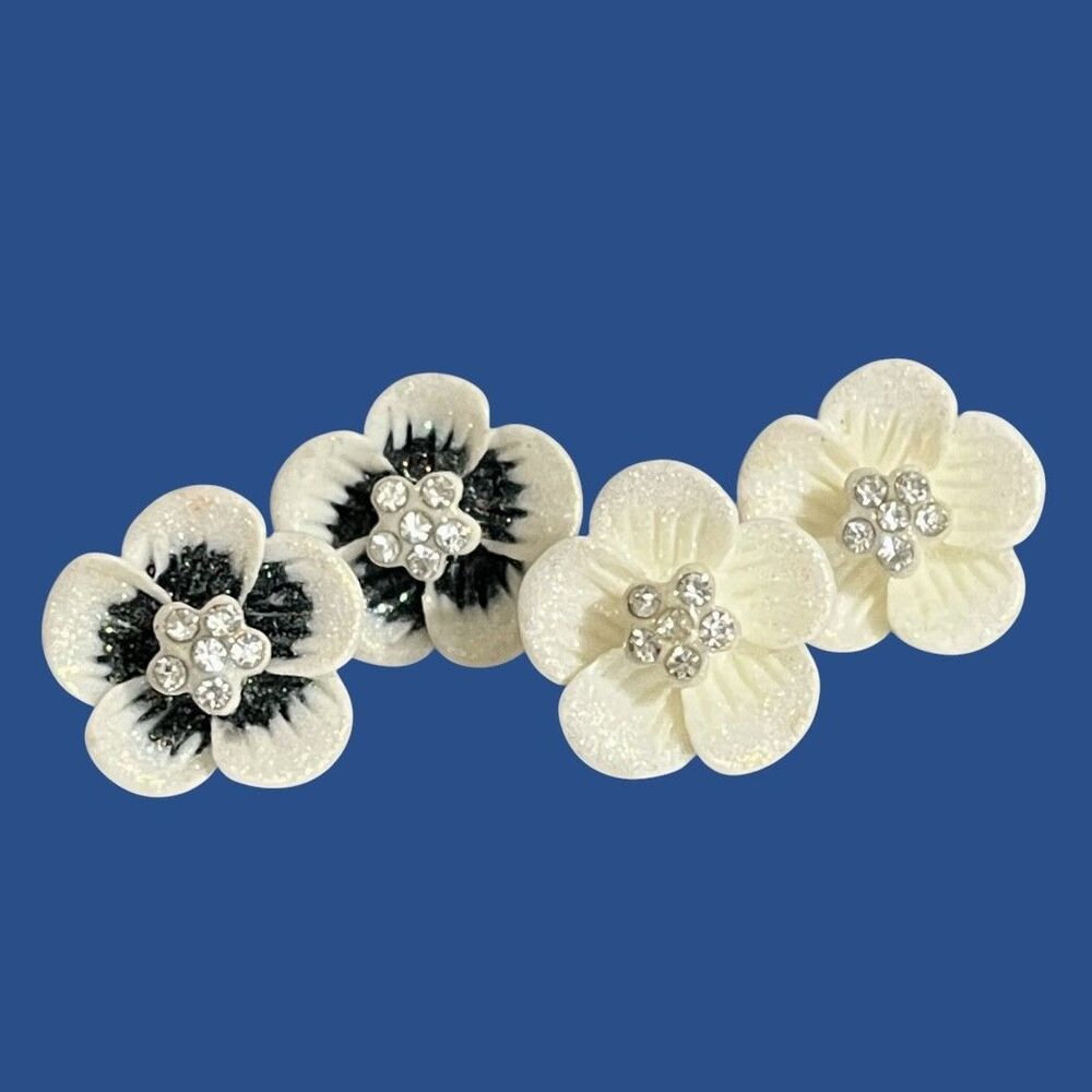 VTG Flower Shape Earrings Rhinestone Studs Cream Black Glitter Shimmer 3D Lot